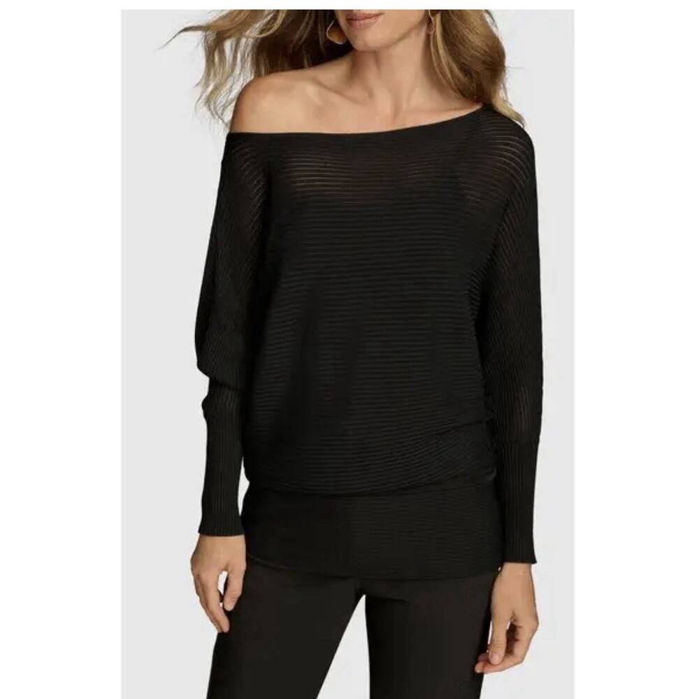 Donna Karan One Shoulder Ribbed Sweater Size Medium Black‎